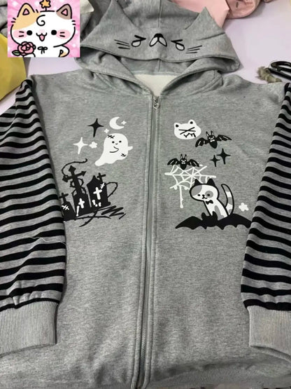 Cat Ear Hooded Sweatshirts Jackets Women Clothing Y2k Tops Patchwork Striped Anime Hoodie Ropa Mujer Casual Fashion Hoodies Coat
