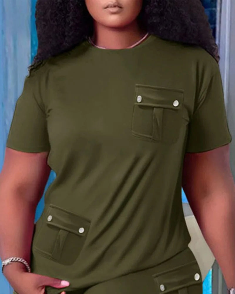 Women Two Piece Shorts Sets Solid Round Neck T Shirts Pockets Elastic Waist Short Trousers Suits Leisure Ladies 2025 Summer