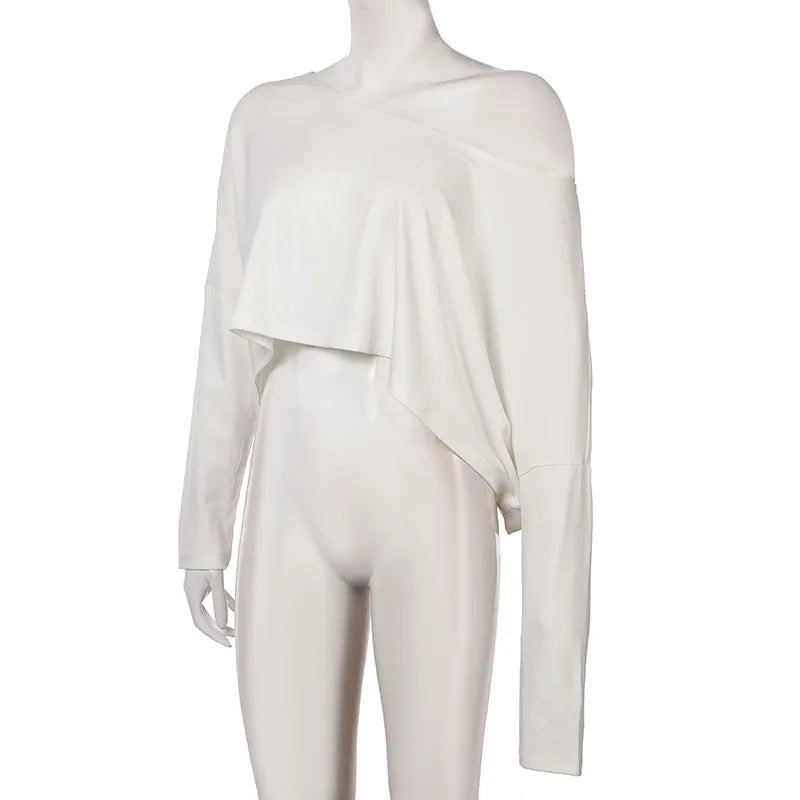 BIIKPIIK Casual Off Shoulder Solid Knitted Tops Concise Skew Collar Long Sleeve Autumn Tees For Women Sporty Irregular T-shirts