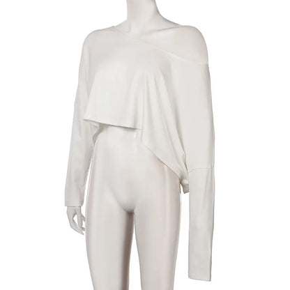 BIIKPIIK Casual Off Shoulder Solid Knitted Tops Concise Skew Collar Long Sleeve Autumn Tees For Women Sporty Irregular T-shirts