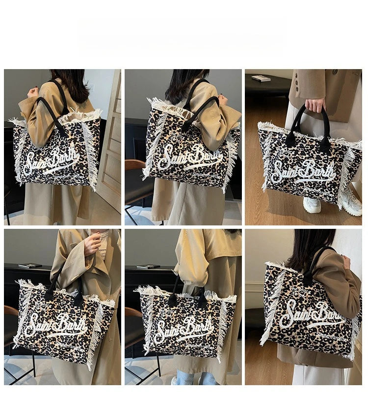 European and American Letters Tassel Canvas Bag Arge Capacity Handbags Travel Women Beach Tote Bag Fashion Casual Shopping Bags