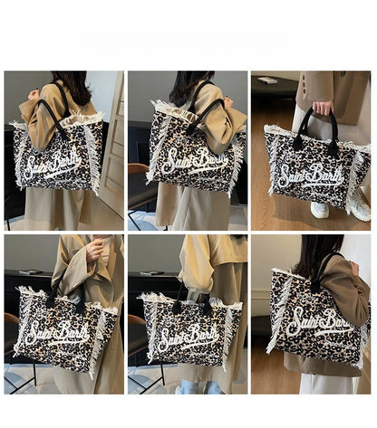 European and American Letters Tassel Canvas Bag Arge Capacity Handbags Travel Women Beach Tote Bag Fashion Casual Shopping Bags