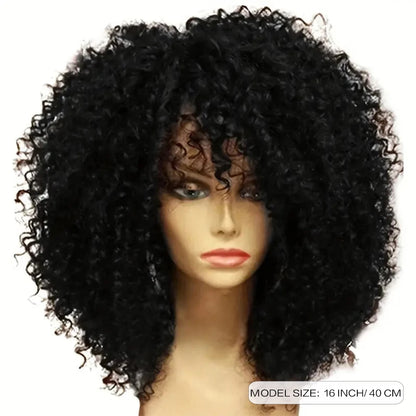 16 Inch Afro Kinky Curly Hair Wigs With Bangs Soft Fluffy Synthetic Fiber None Lace Wigs For Party Cosplay Daily Use Badiee Stylez