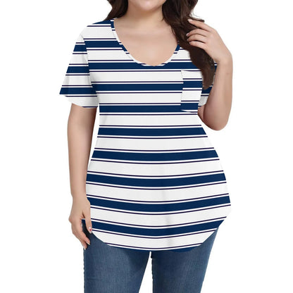 Plus Size Casual striped T-shirt For Women V neck short sleeves Loose Tops With Pocket Summer Daily Casual Plus Size Women's Top
