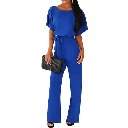 Women's clothing summer 2024 Jumpsuit, Elegant Short Sleeve Hollowed Waist Tie Solid Summer Wide Leg Pants Badiee Stylez