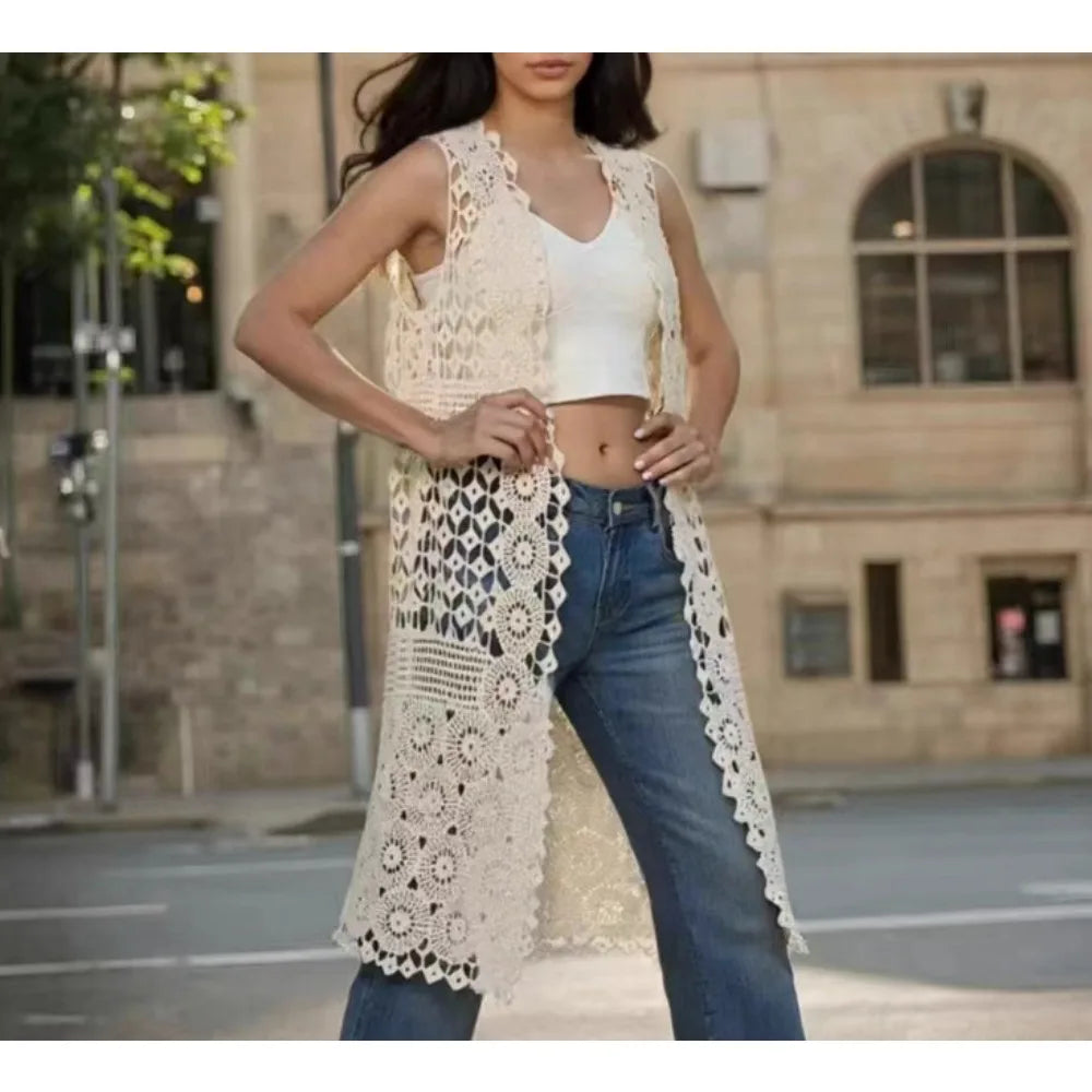 Women bohemian Sweet Knit cut out Hook flower hollow Cardigan Vintage Elegant Korean Fashion split Loose Coat Ins