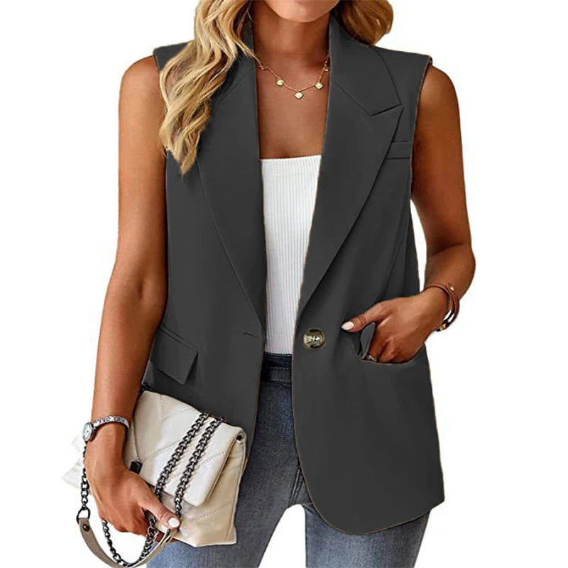 Plus Size European and American Spring/Summer Style Commuting Casual Sleeveless cardigan vest Vest Vest Women's suit Dark Grey