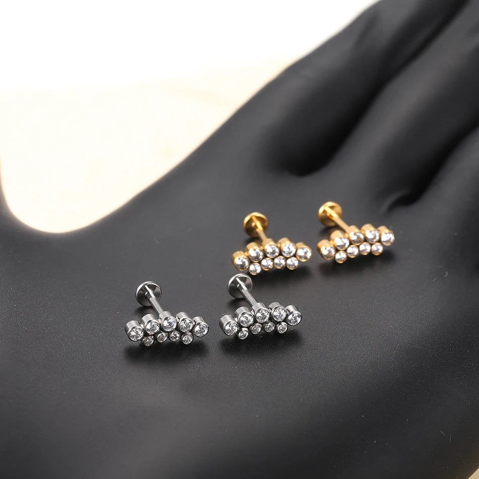 PVD Titanium PIERC Labret Stud Double CZ Paved Ear Cartilage Tragus Helix Earrings Lip Ring Daith Piercing Gift for Women