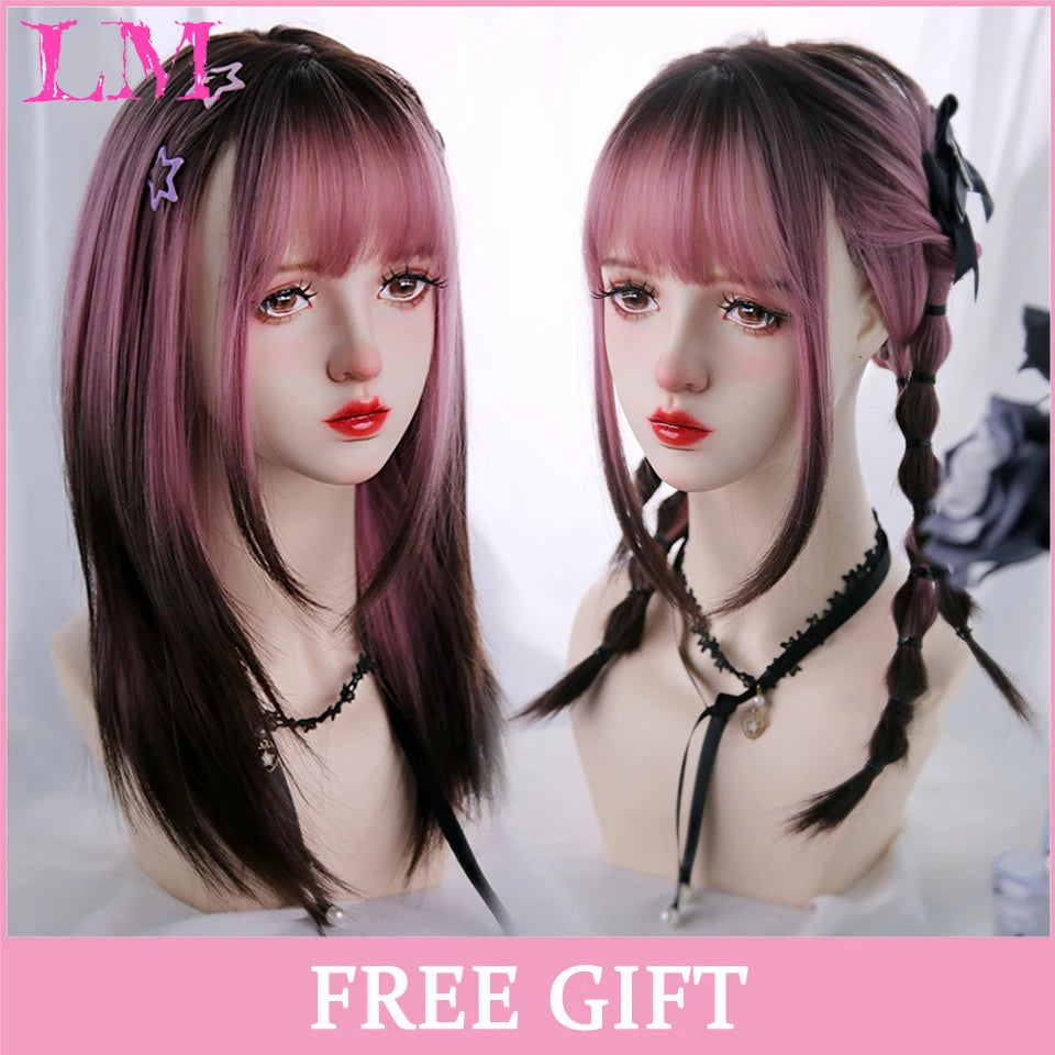 LM Long Silky Straight Synthetic Wigs with Bangs Black Cosplay Party Lolita Hair Wigs for Women Natural Heat Resistant Wig T1B 30
