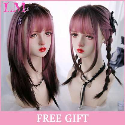 LM Long Silky Straight Synthetic Wigs with Bangs Black Cosplay Party Lolita Hair Wigs for Women Natural Heat Resistant Wig T1B 30