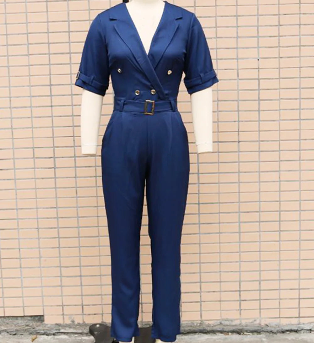 Women Suit Short Sleeve Jumpsuit Slim Fit Fashion Office Lady Spring Summer Elegant Solid Button Sexy High Waist Jumpsuits