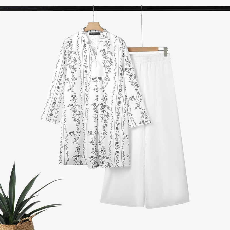 2025 ZANZEA Fashion Autumn Long Shirt Pant Suits Women Outfts 2 Piece Sets Long Sleeve Printed Tops Trousers Casual Tracksuits Badiee Stylez
