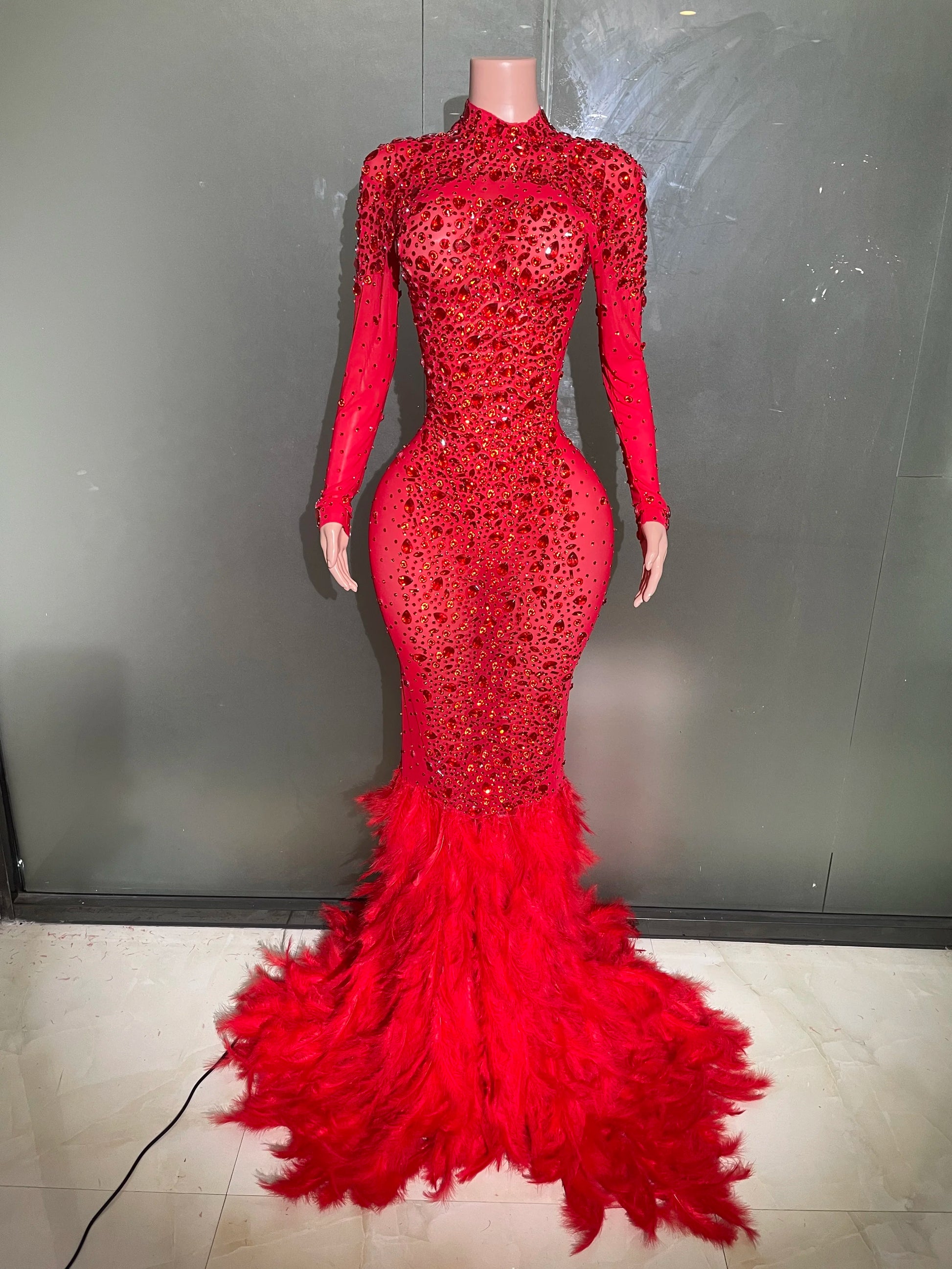 Luxury Sparkling Red Crystals Feathers Mermaid Long Sleeve Maxi Dress Women Formal Occasions Wedding Celebrate Party Prom Gown Badiee Stylez