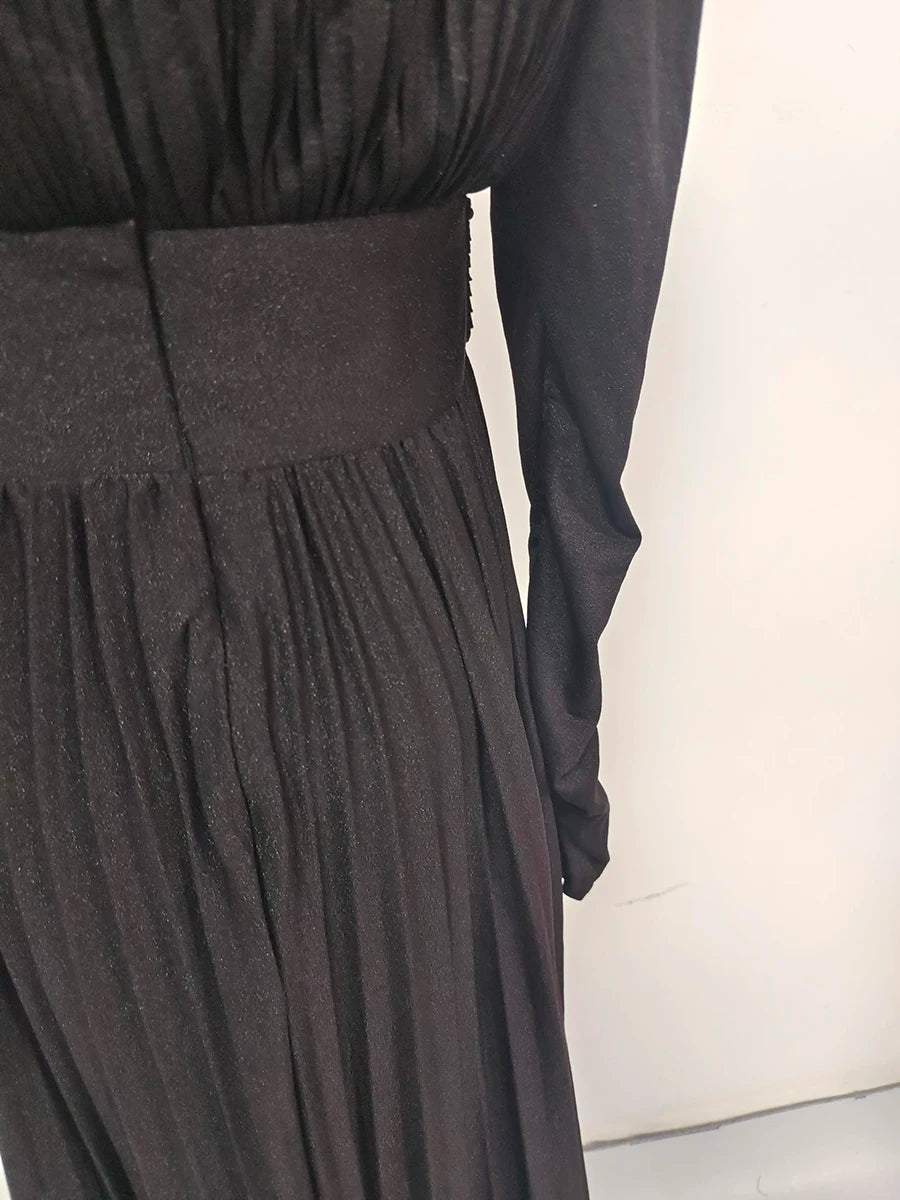 TWOTWINSTYLE Solid Spliced Belt Slimming Dresses For Women O Neck Long Sleeve High Waist Temperament Long Dress Female Clothes