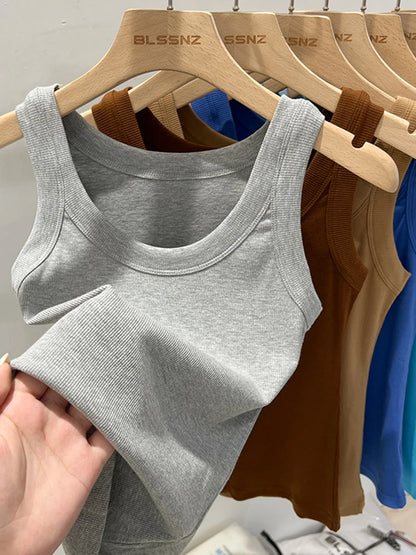zjaiss Women Solid Round Neck Ribbed Tank Top Camisole Women 2025 Summer Basic Elastic Tank Top O Neck Solid Tank Top Light Grey