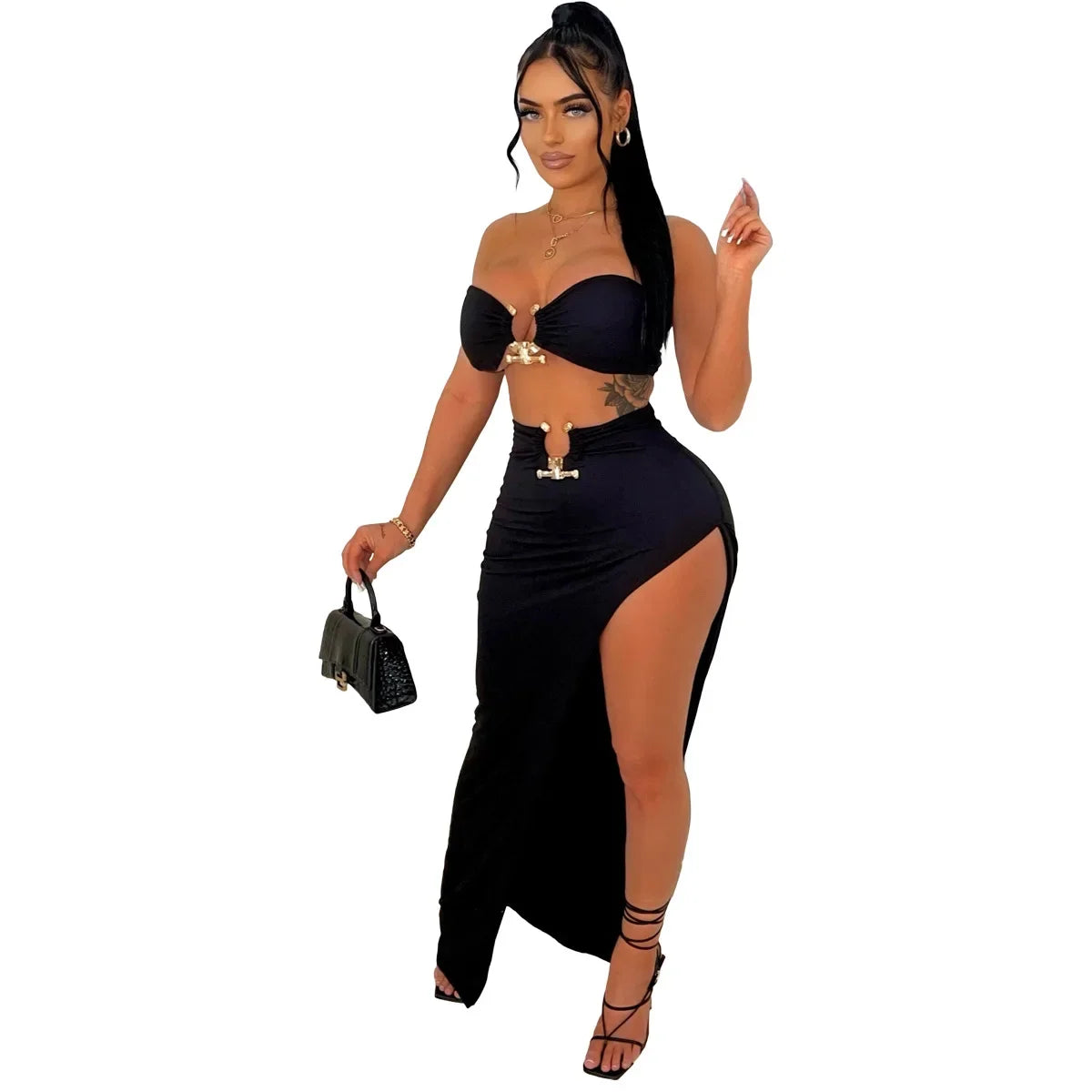 New Chic Gold Ring Bandeau Slit Skirt Two-Piece Set Womens Beautiful Off Shoulder Matching Skirt Set Nightclub Outfits Badiee Stylez