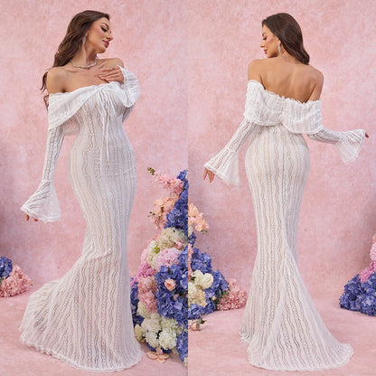 Suninheart White Off The Shoulder Autumn Bodycon Dress 2025 Long Sleeve Elegant Lace Maxi Dress Wedding Guest Dress for Women pattern 1