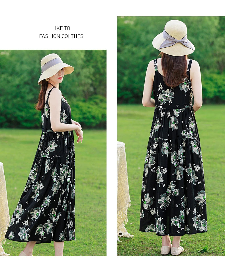 New Fashion Casual 2025 Summer Elegant Dresses For Women O-Neck Print Vintage Sleeveless Dress Loose Women Clothing