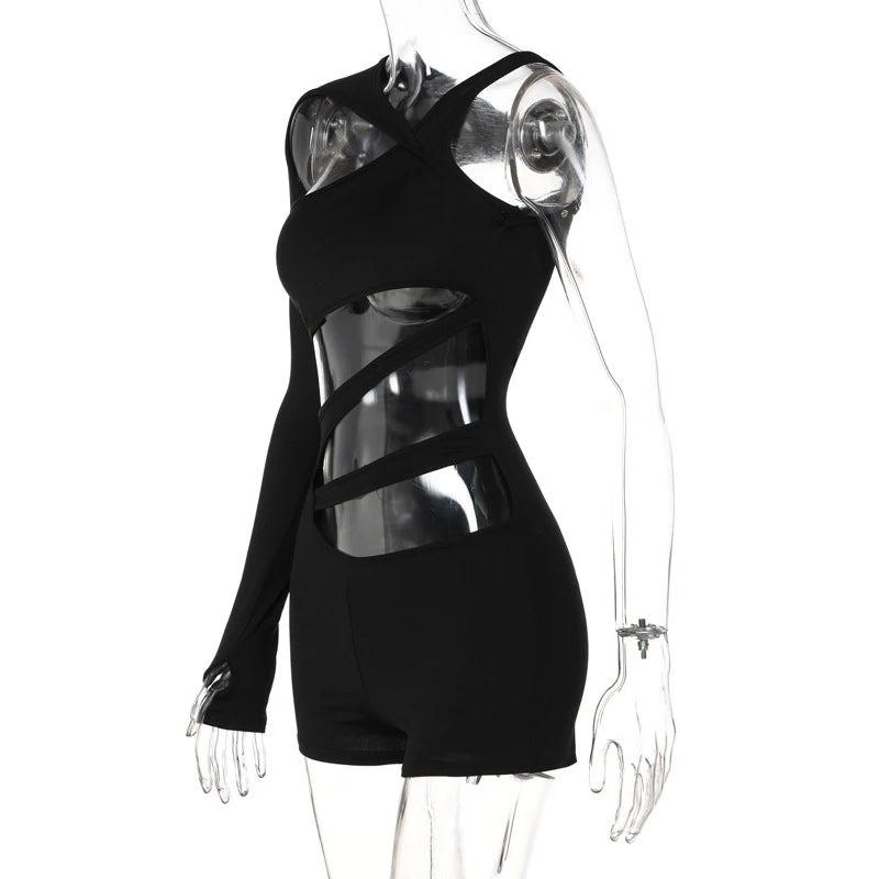 Women's Sexy Rompers Trendy Bodycon Irregular Hollow Out Holes Singel Sleeve Off Shoulder Y2k Playsuits Female Casual Streetwear
