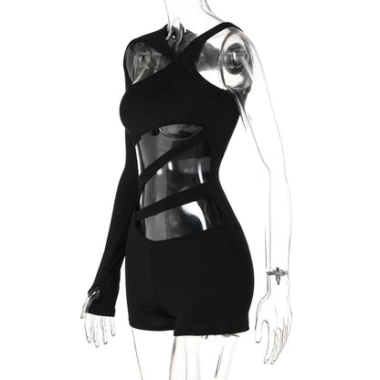 Women's Sexy Rompers Trendy Bodycon Irregular Hollow Out Holes Singel Sleeve Off Shoulder Y2k Playsuits Female Casual Streetwear