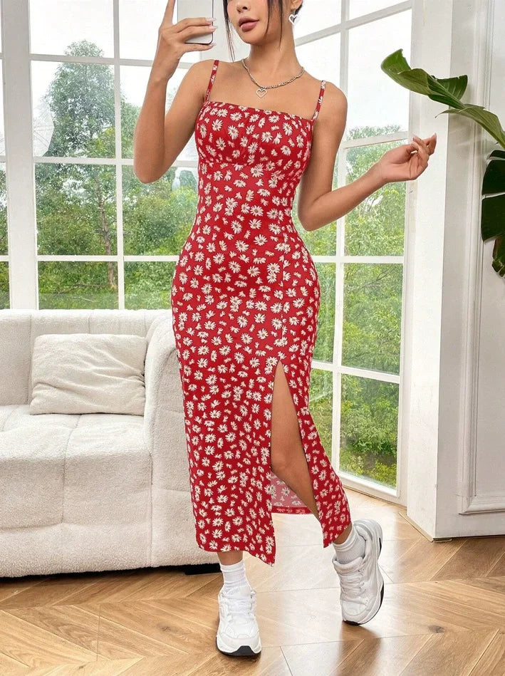 Fall 2025 Long Dress Strapless Wrap Chest High Slit Daisy Leopard Print Wrap around Skirt Maxi Dress Red
