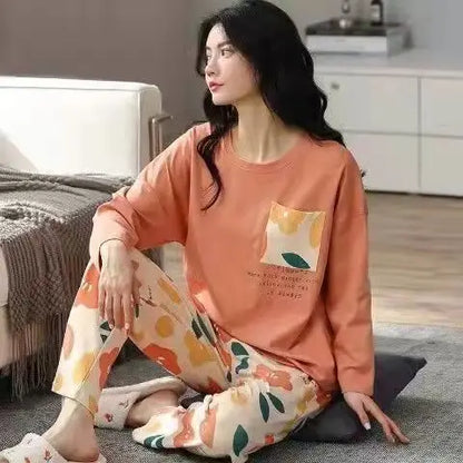 New Ladies Pajamas Loungewear Set Women's Spring and Autumn Style Long Sleeved Autumn Winter Loungewear Women's Plus Size Pajama Orange