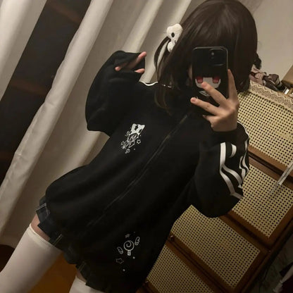 Preppy Style Fashion Cute Japanese Zip Up Cardigan Harajuku Punk Grunge Loose Turn Down Collar Y2k Hoodies Casual Sweatshirts Badiee Stylez