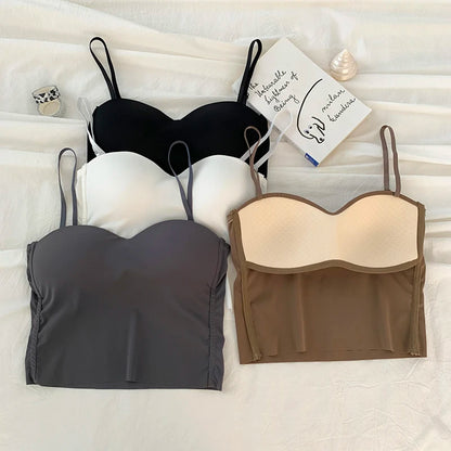 ITOOLIN Fashion Backless Tank Tops Cute Crop Tops For Women Slim Elastic Camisole Ice Silk Women Spaghetti Camis With Bra Pad