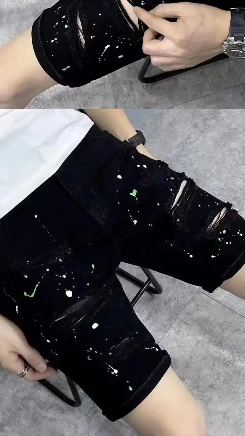 Summer Casual Men's Denim Shorts Korean Straight Washed Jeans Short Ins Ripped Cat Whisker Ink Splash Plaid Black Five-Pants