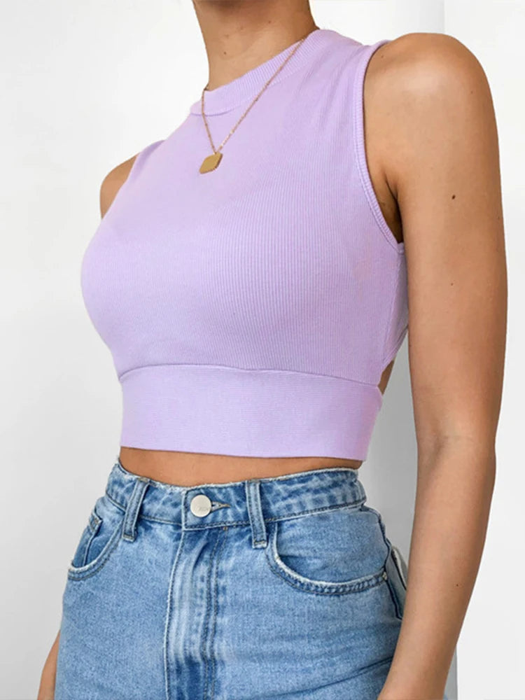 Sexy backless women tank top bandage slim crop top summer 2024 casual streetwear tops solid cotton soft criss cross top PURPLE