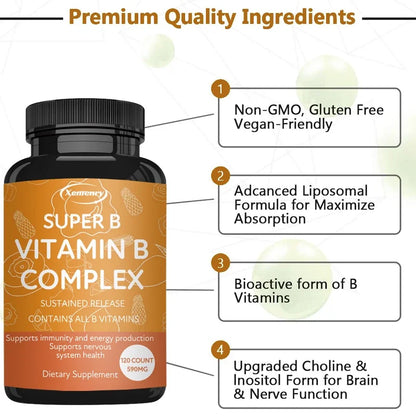 Vitamin B Complex Capsules - Reduce Stress, Promotes Nervous System Healthy, Strong Bones &Teeth, Boost Immunity