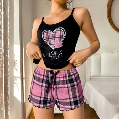 Women Sexy Suspender Shorts Thin Pajamas Letter Print Plaid Shorts Large Pajamas Romantic Home Wear Sexy Nightwear Short Pajama Badiee Stylez