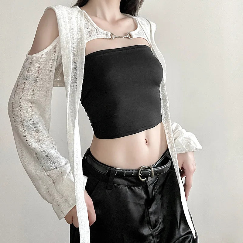Goth Dark Open Shoulder Techwear Y2k Crop Cardigans Mall Gothic Hooded Sexy Women Crop Tops Punk Grunge Buckle Streetwear Shirts