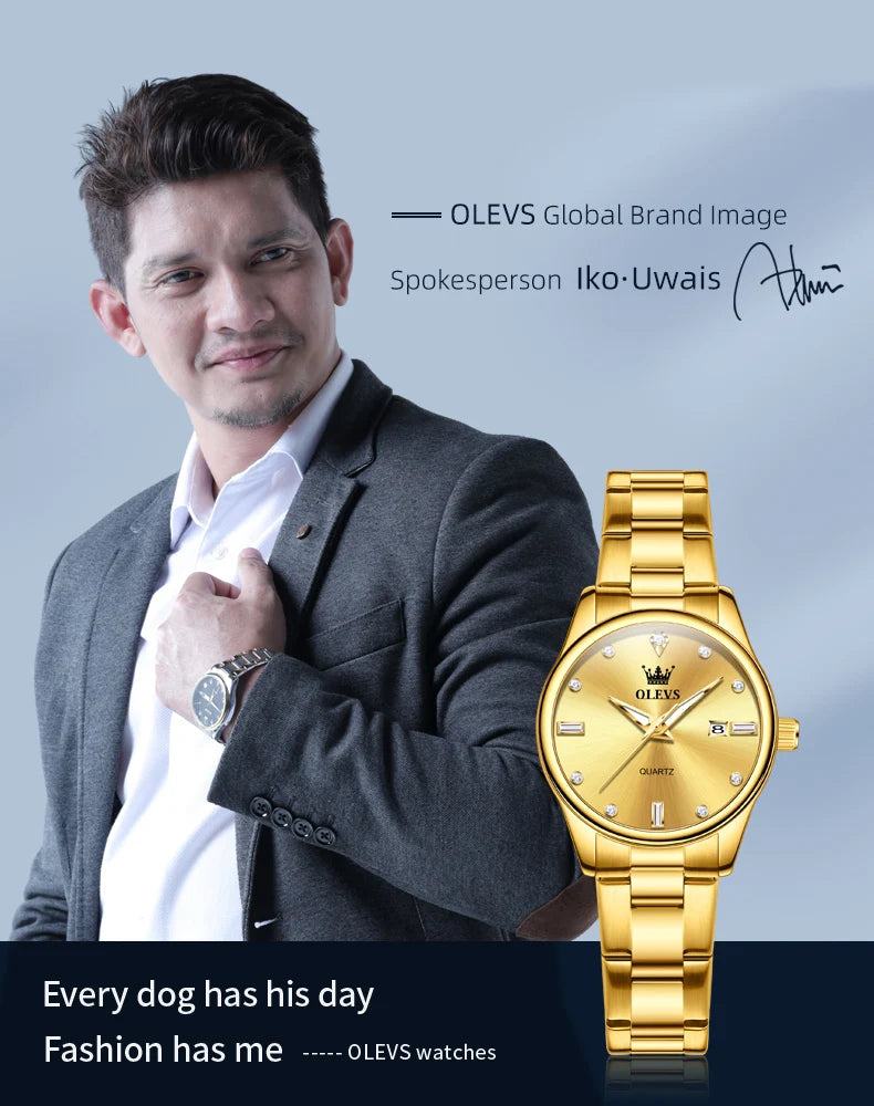 OLEVS Elegant Fashion Brand Women's Watches Gold Waterproof cCalendar Quartz Watch for Lady Stainless Steel Original Wristwatch