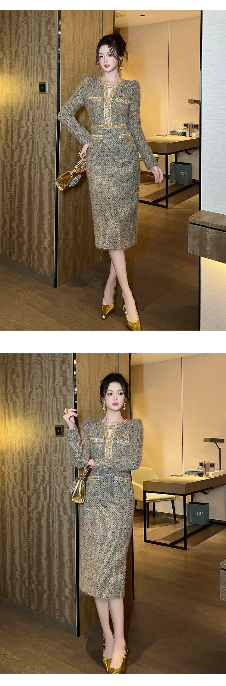 Women Clothes Vintage Tweed Hollow Sexy O-Neck Slim Midi Pencil Dress Elegant Fashion Evening Party Vestidos Formal Occasion New