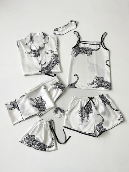 Luxurious women's starry sky print, leopard print satin pajama set, including pocket collar top, pants, shorts, adjustable shoul white