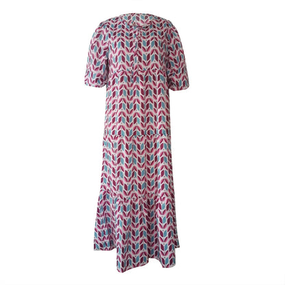 Puff Sleeve Boho Maxi Dress Elegant Women Summer 2022 Casual Floral Drawstring V-Neck Loose Holiday Beach Dresses Party Vestidos Badiee Stylez