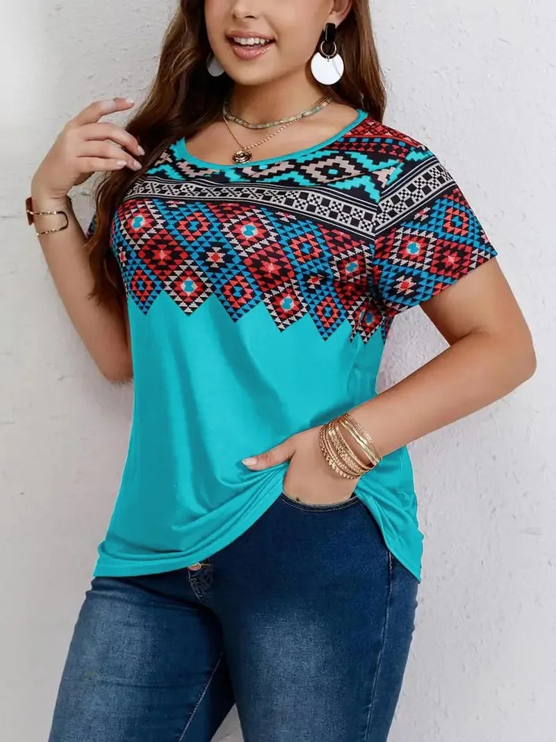 Women T Shirt Plus Size Tops Fashion clothes Women's Plus Southwestern Print Casual Tees Round Neck Short Sleeve T-shirt Tops CTX-187