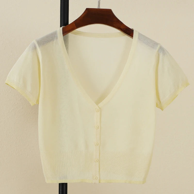 Outerwear Jerseys Summer Cardigan Women Cropped Blouses Korean Fashion Style Cute V-neck Women's Coat Black Bolero Woman Basic