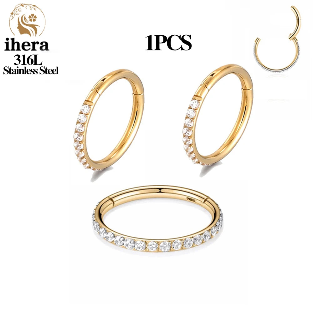 316L Stainless Steel Zircon CZ Hinged Segment Nose Septum Clicker Ring Round Earrings Hoops Ear Tragus Helix Piercing Jewelry 1PCS Gold Color CHINA