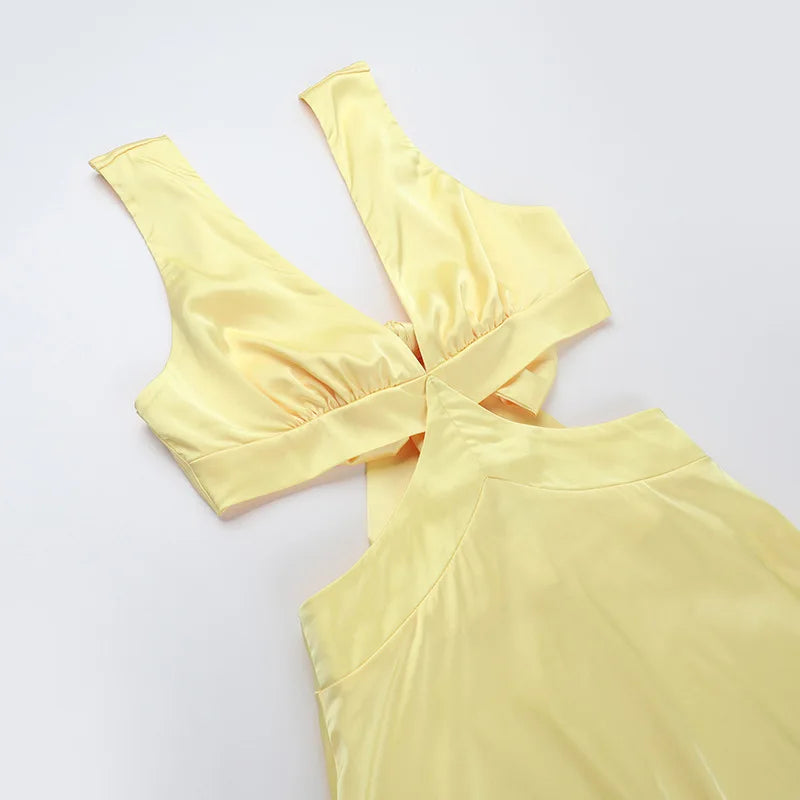 Tornova Deep V neck Hollow Long Dress Female Sleeveless Slit Beach Vacation Dress Solid Color High Waist Bodycon Women's Dress