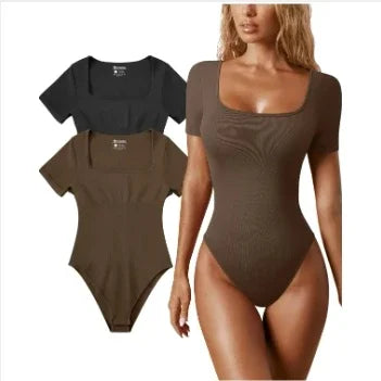 Summer Sexy Short Sleeve Ribbed Square Neck Thong Bodysuits One Piece Square Bodysuits Tummy Control Body Shapers Belly