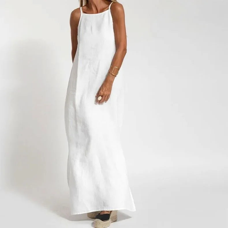 Women Cotton linen Side Split Long Slip Dress Summer Lady Strapless Solid Color Holiday Party Dresses FYY-10080 White
