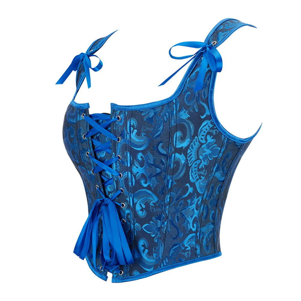 Blue Jacquard Corset Sexy Shoulder Straps Overbust Bustiers Crop Top Lace Up Brocade Vest Lingerie Gothic For Women Outfit