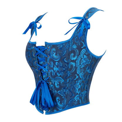 Blue Jacquard Corset Sexy Shoulder Straps Overbust Bustiers Crop Top Lace Up Brocade Vest Lingerie Gothic For Women Outfit