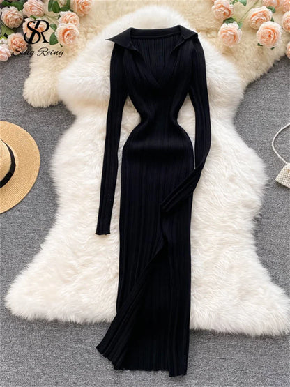 SINGREINY Women Korean Knitted Dress Long Sleeve V Neck Elastic Slim Pencil Dresses 2021 Autumn Sexy Bodycon Split Sweater Dress black One Size