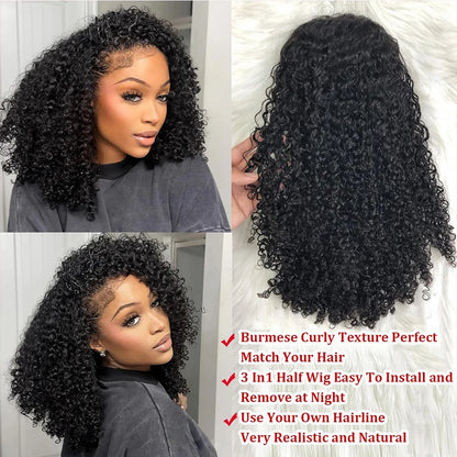 Deep Curly Half Wig Human Hair Glueless Wig Human Hair Ready to Wear 3 IN 1 Half Wig Drawstring Jerry Curly Glueless Half Wig Badiee Stylez