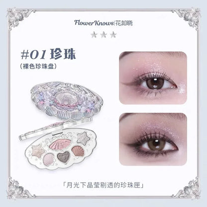 FlowerKnows Shell's Jewel Series Eyeshadow Palette 6Color Matte Shimmer Glitter Eye Makeup Embossing Cosmetics Beauty Eye Shadow 01pearl