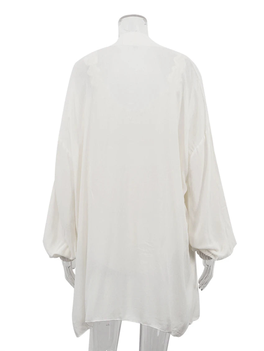 Marthaqiqi Casual Women Nightgowns Set V-Neck Sleepwear Long Sleeve Robe Underwear Shorts White Loose Ladies Pajama 3 Piece Suit