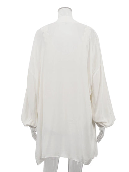 Marthaqiqi Casual Women Nightgowns Set V-Neck Sleepwear Long Sleeve Robe Underwear Shorts White Loose Ladies Pajama 3 Piece Suit